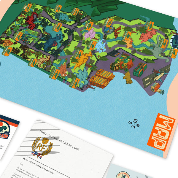 Close-up of the island map and military brochure