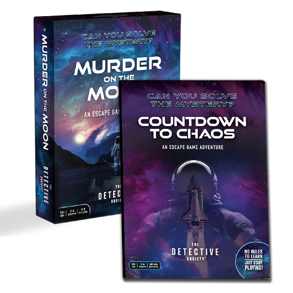 Two 'Detective Universe' escape game boxes titled 'Murder on the Moon' and 'Countdown to Chaos' on a white background.
