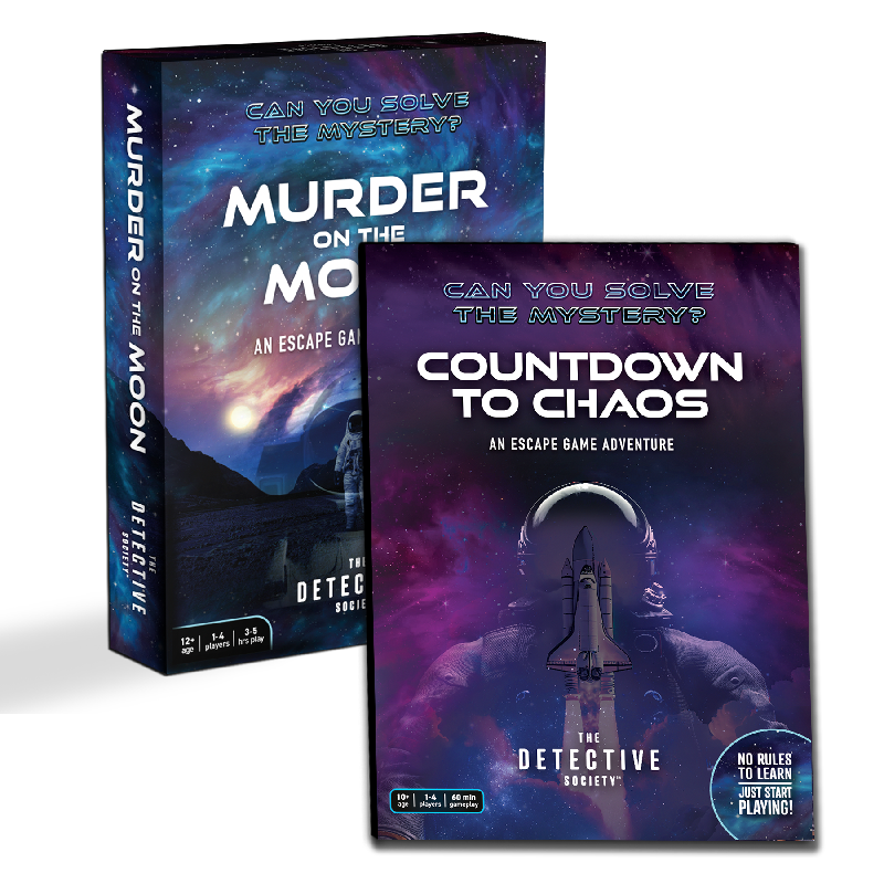 Two 'Detective Universe' escape game boxes titled 'Murder on the Moon' and 'Countdown to Chaos' on a white background.